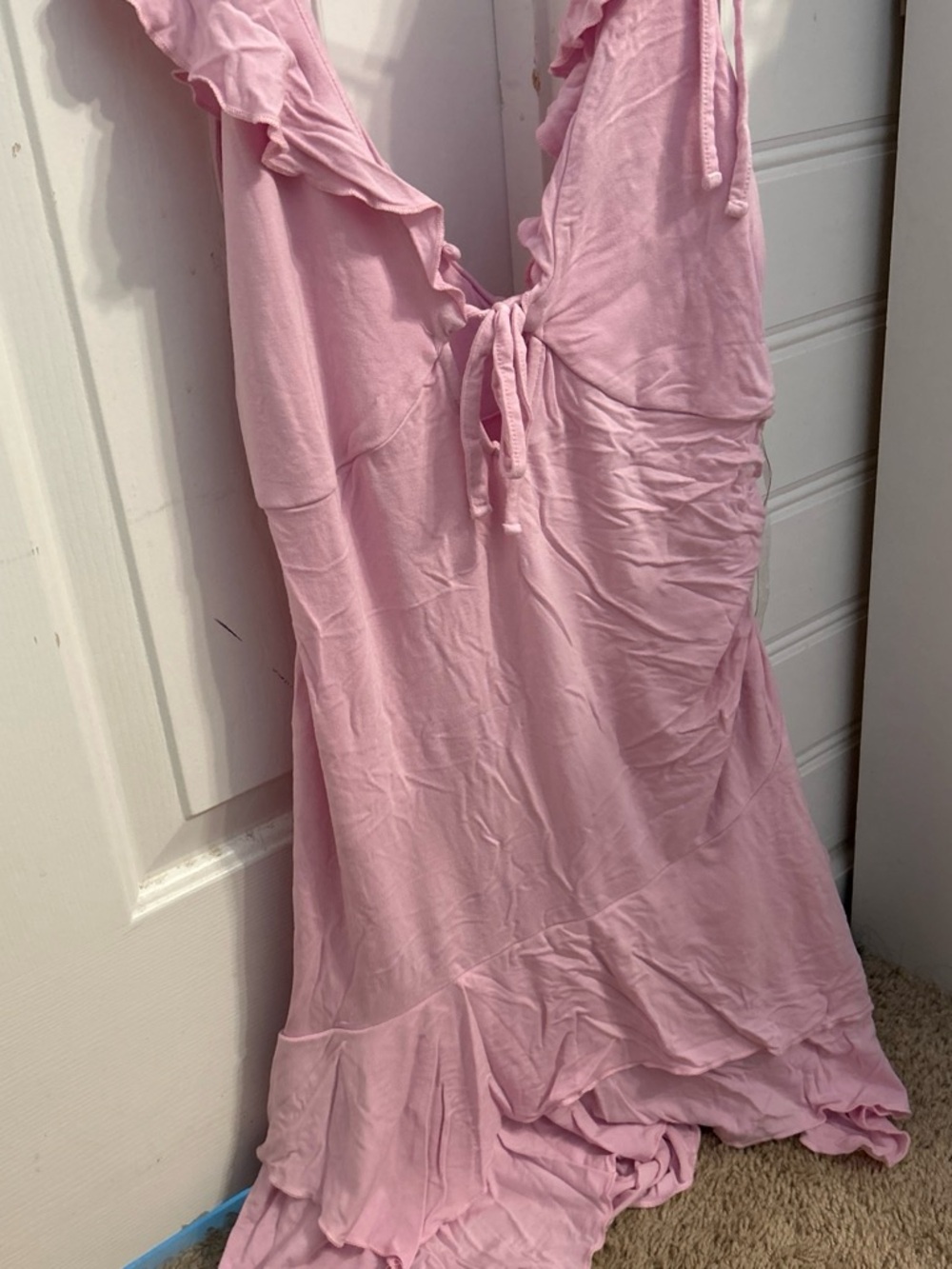 Women's Pink Ruffle-Trim Midi Dress with Tie Front
